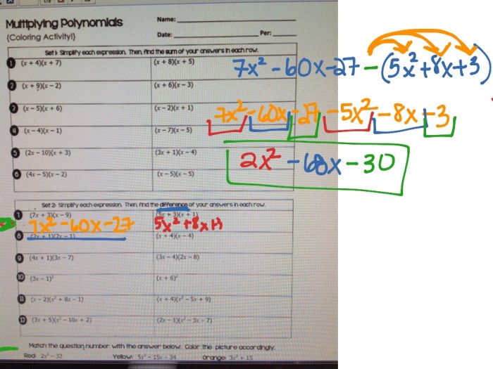 Multiplying polynomials coloring activity worksheet answers